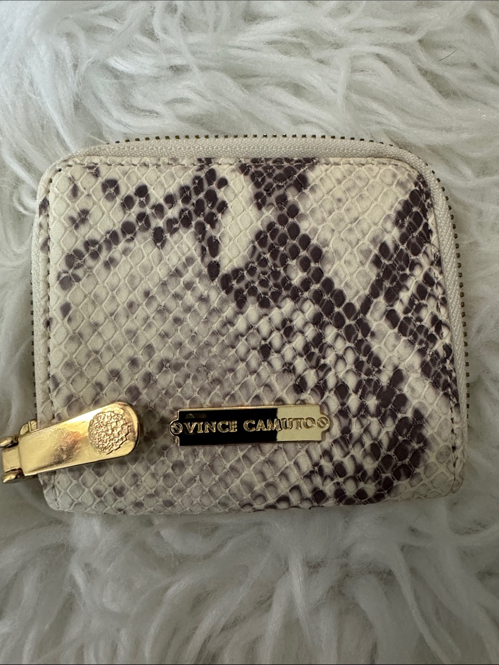 Vince Camuto Leather Cream and Dark Brown Snake-Print Zip Wallet